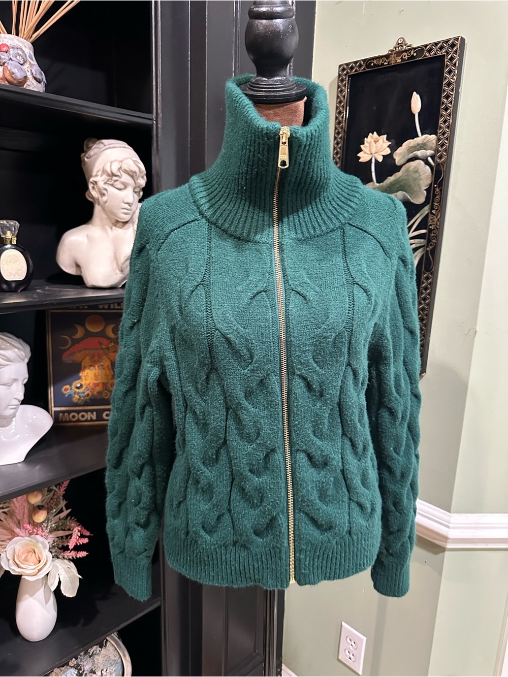 Talbots Cable Knit Full Zip Mock Neck Sweater Forest Green Medium